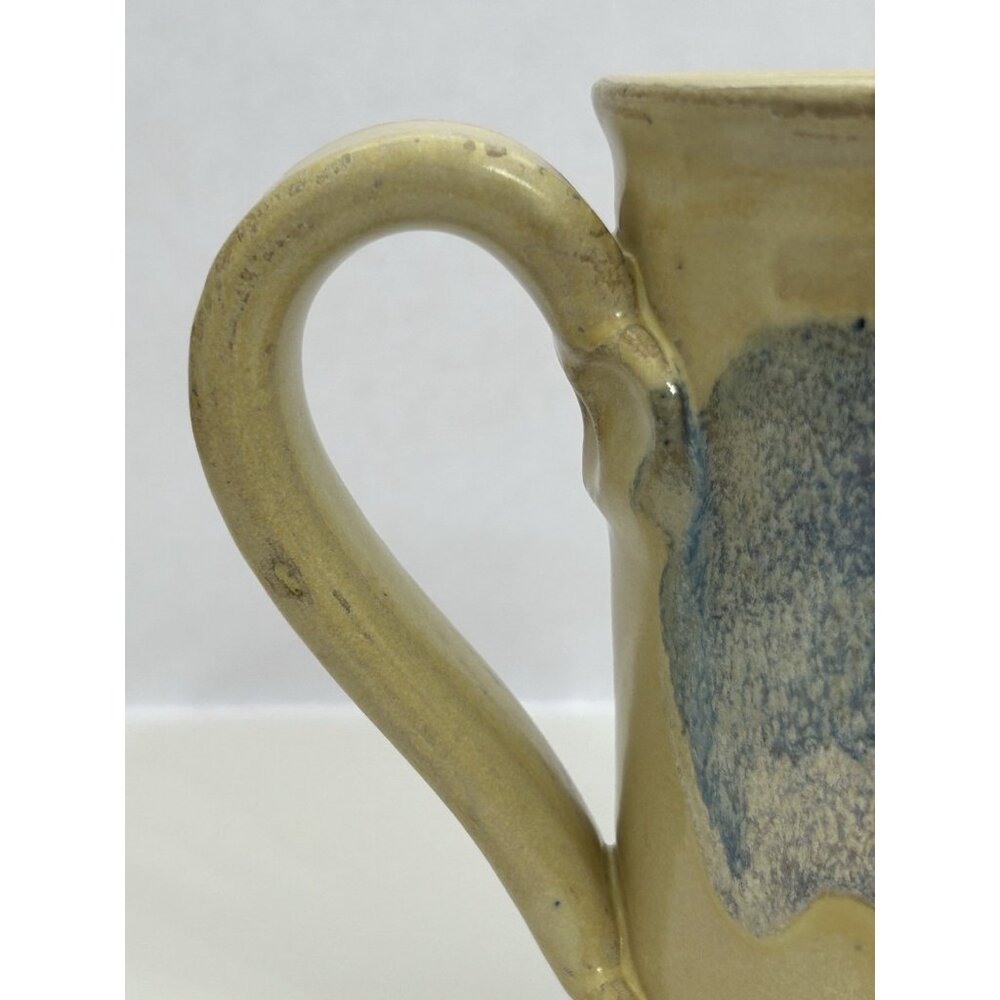 Studio Pottery Mug Tall 5 1/2 inches Drip Glaze Beige Brown Blue Signed Glosssy - Picture 9 of 16